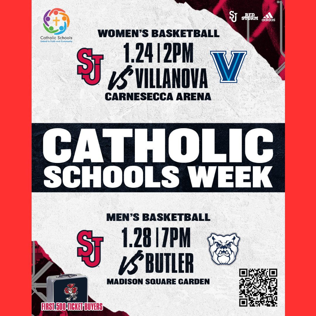Watch the Red Storm and celebrate Catholic Schools Week this January!
First 500 fans who purchase tickets through this link will receive a St. John's lunch box!  <a href="/StJohnsU/">St. John's University</a>

Get your tickets NOW!
👇👇👇👇👇
bit.ly/4p89ng5?r=qr
#SJUSOE 
#Johnnies