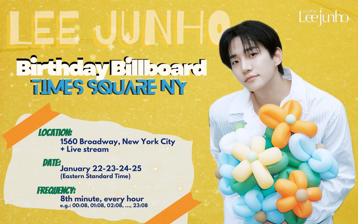 It’s time to celebrate #LEEJUNHO birthday in Times Square🤩

Let's join the celebration, no matter where you are!
🔗Livestream(above Pelé Soccer): share.earthcam.net/tJ90CoLmq7TzrY…

🗓️Starts at 00:08 EST (14:08 KST) on January 22nd #LeeJunhoxTimesSquare
#IconicLJH
#이준호 #イジュノ #李俊昊