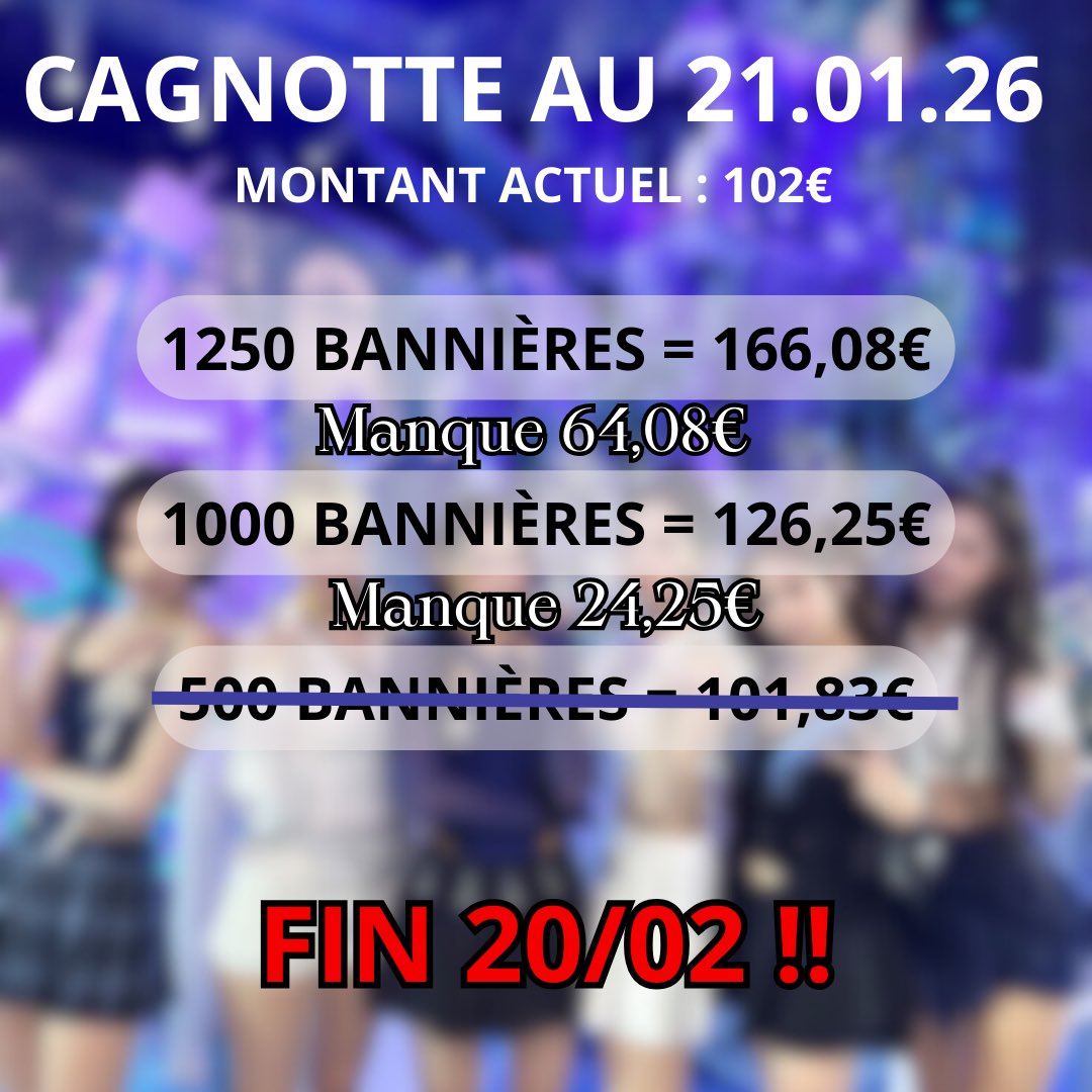 📃 ⋮ 21.01.26

Voici l’agencement de la cagnotte pour la bannière !! On peut faire 500 bannière mais continuer à participer car plus on aura des dons plus on pourra faire de bannière 🥹🫶
Don minimum = 1€ 
Un don = une bannière réserver 
Une fois le don fait remplissez le