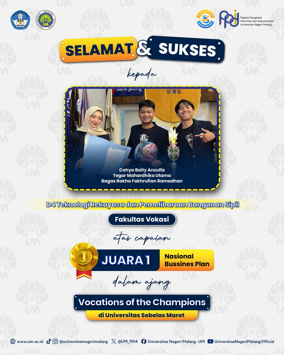 UM_1954's tweet photo. #PrestasiUM
Selamat dan sukses kepada para Mahasiswa UM atas capaiannya meraih berbagai prestasi yang luar biasa!ππ»
Semoga dapat terus menginspirasi dan mengharumkan nama kampus tercintaβ¨
#UM
#universitasnegerimalang
#ExcellenceInLearningInnovation
#KampusUnggulan https://t.co/2dbfQ8GSp2