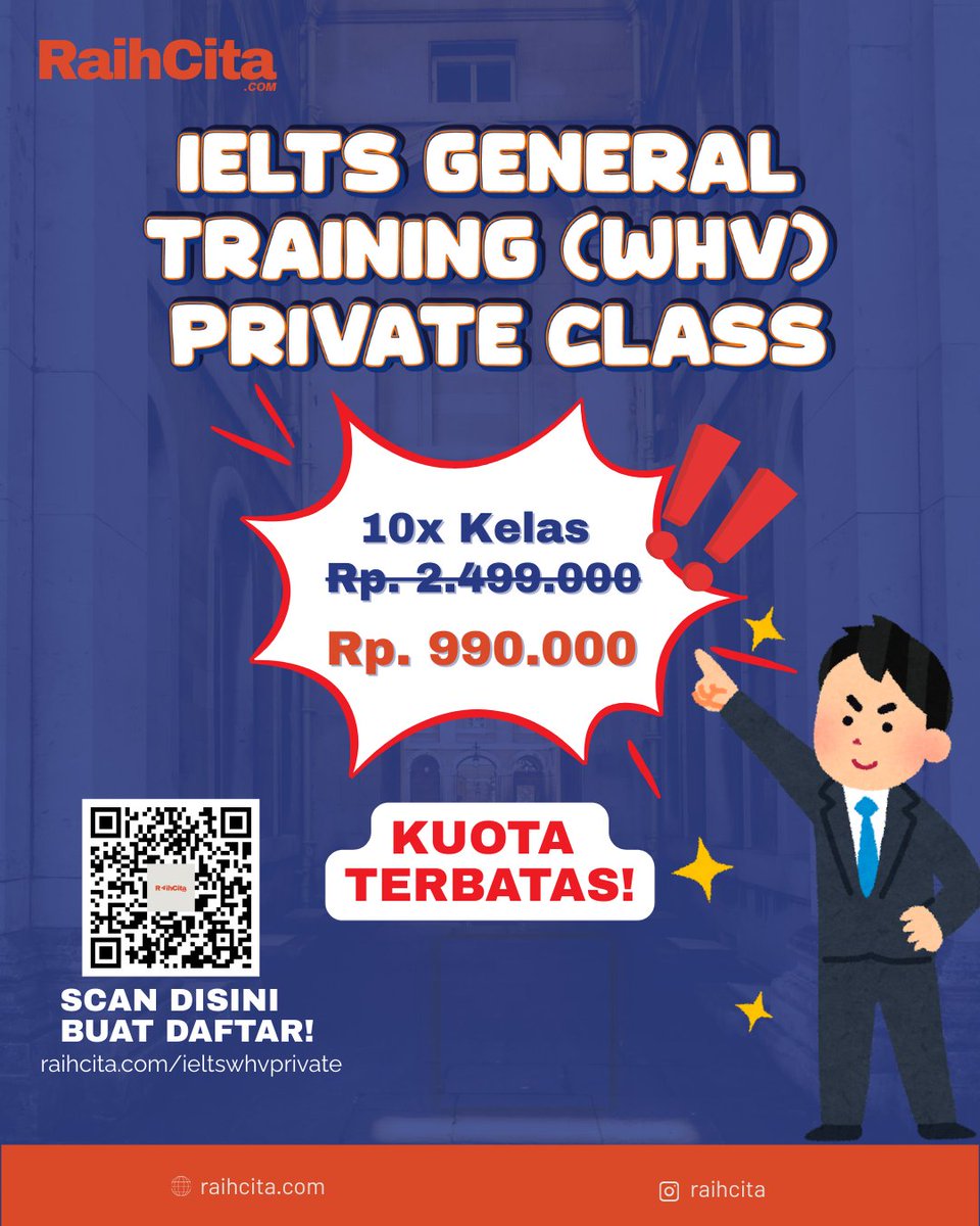 RaihCitacom's tweet image. 🔥 Mau kerja ke luar negeri lewat WHV? Tapi masih bingung soal IELTS? 🤯
Tenang! RaihCita siap bantu kamu raih skor maksimal! 💪✨
📲 Yuk daftar sekarang di raihcita.com/ieltswhvprivate atau scan QR-nya di postingan!

#IELTS #IELTSWHV #WorkingHolidayVisa #RaihCita #BelajarIELTS