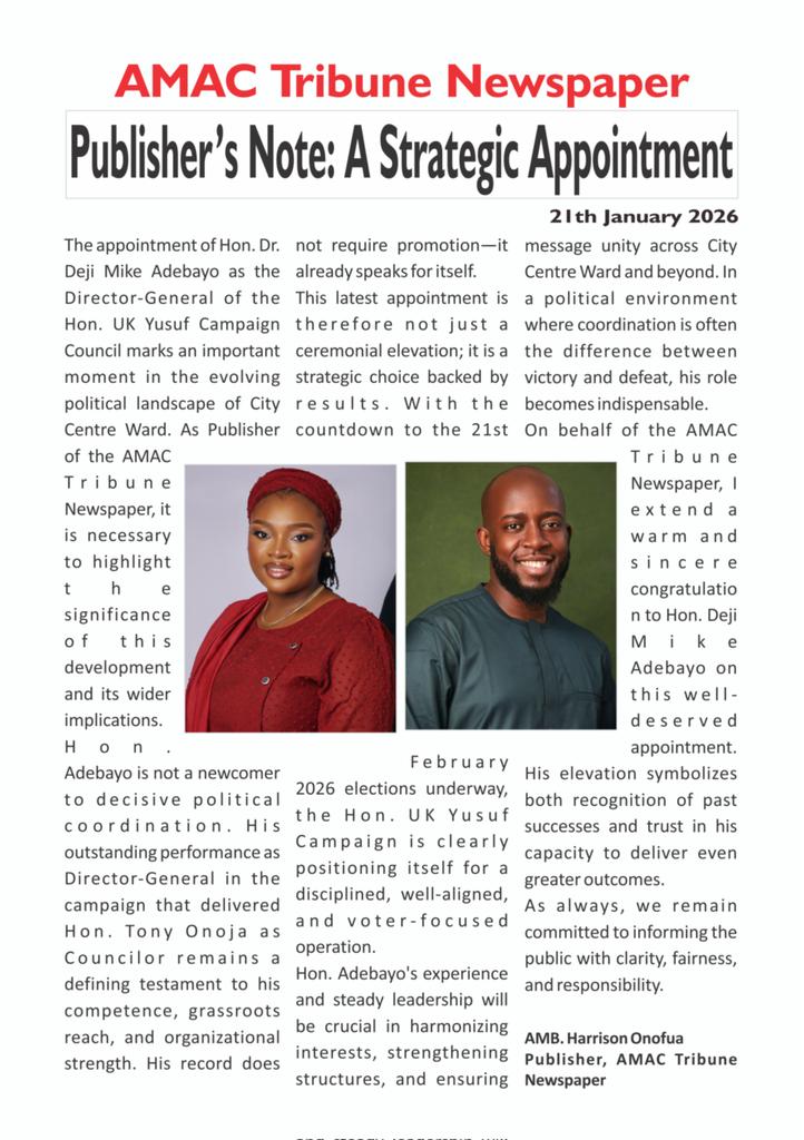 AMAC Tribune Newspaper 
A Strategic Appointment