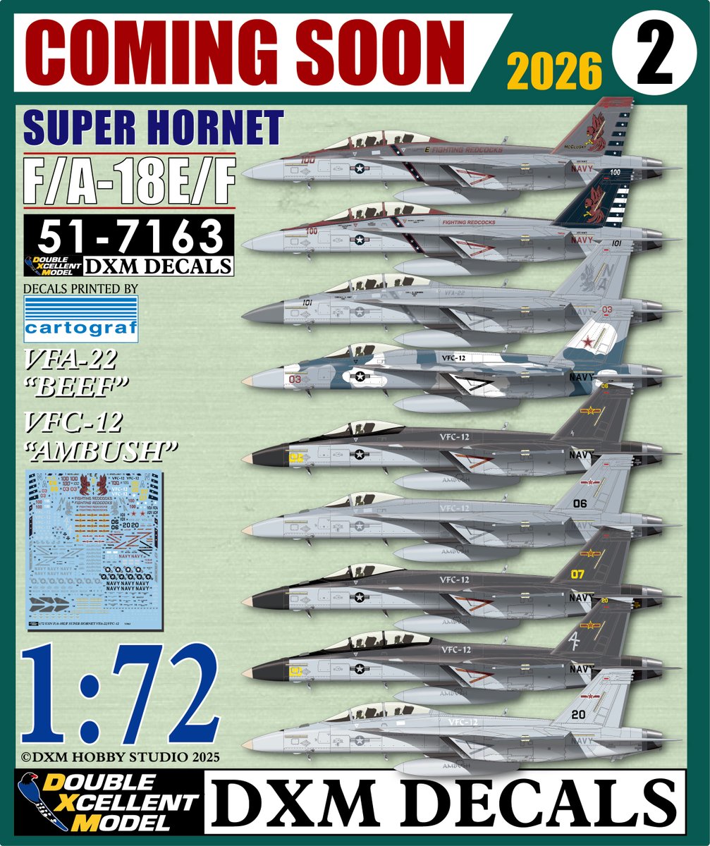 DecalsDxm's tweet photo. [COMING SOON]-Feb., 2026
[近日発売]
1/72 USN VFA-22 "BEEF" &amp; VFC-12 "AMBUSH" F/A-18E/F Super Hornet decals set.
#F18 #Ambush #Fightingredcocks #VFA22 #VFC12 #DXMDecals https://t.co/fzlNKGka3w