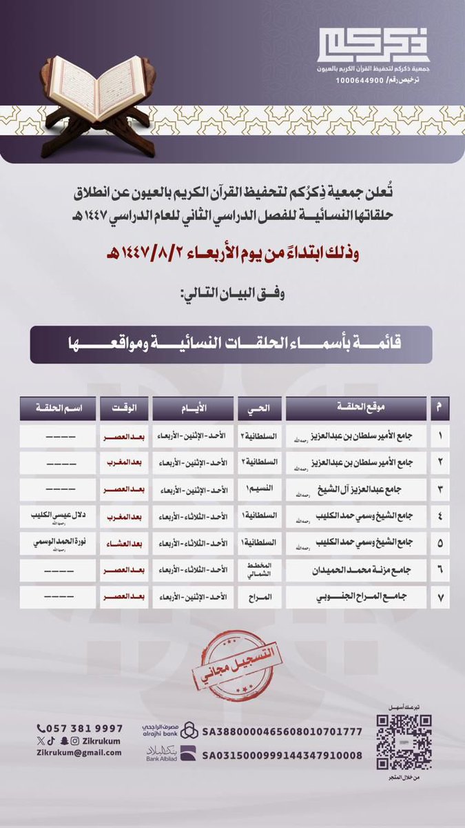 -

"من أقبل على القرآن بصدق، أقبلت عليه من ﷲ الرّحمات، وغمرته ألطافه بالعون والتسديد، وبركة الأوقات"🤍🌿 

*تعلن جمعية ذكركُم لتحفيظ القرآن الكريم بالعيون عن انطلاق حلقاتها النسائية للفصل الدراسي الثاني لعام ١٤٤٧هـ*.

يمكنك التسجيل والانضمام لنا من خلال الرابط المرفق: