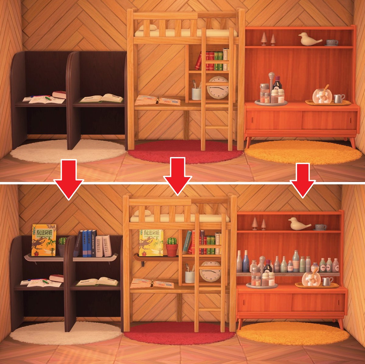 ノルディックなシェルフに
キッチンつるしをかけられるポストをフォロワーさんのリポストで見たのだけどすごい✨

オープンタイプの家具ならできるってこと⁉
ってやってみたら……できた！🤯🤯
発見ありがとう😭✨

#あつ森 #あつ森レイアウト #ACNH