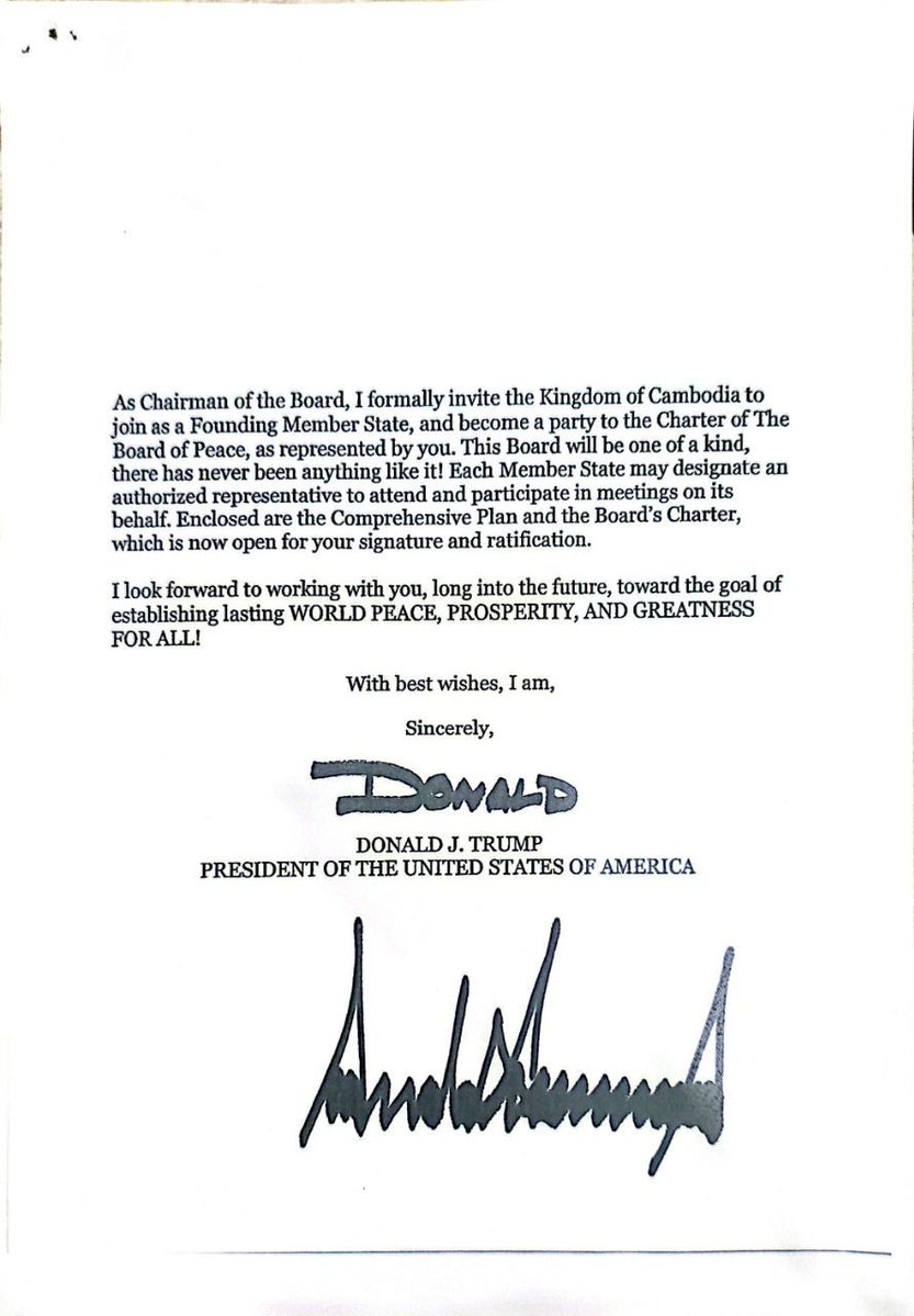 Invitation letter from the Honorable Donald J. Trump, President of the United States of America, to Samdech Moha Borvor Thipadei HUN Manet, Prime Minister of the Kingdom of Cambodia, to join as a Founding Member State and become a party to the Charter of the Board of Peace.