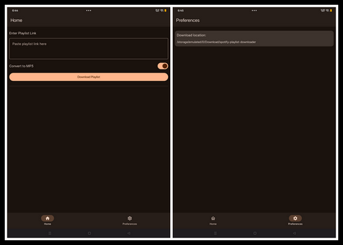 SpotifyPlaylistDownloader
Zahtevi: Android 7.0+

Funkcije:
Preuzimanje muzike sa Spotify plejlisti: Jednostavno unesite link svoje Spotify plejliste i aplikacija će preuzeti pesme kao MP3 datoteke.

Kako funkcioniše:
Unos linka Spotify plejliste: Nalepite link ka vašoj plejlisti.