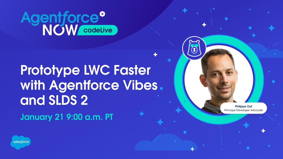 SalesforceDevs's tweet photo. 🚀 Starting in 1 hour: this month's Agentforce NOW codeLive.

Join @Salesforce Developer Advocate @PhilippeOzil to experience the future of Lightning Web Component (LWC) development. 🎬

Discover how Agentforce Vibes transforms your workflow by generating SLDS 2–ready LWCs in real-time. Go from a design concept to a functional component in minutes.

👉 Save your spot: https://t.co/QzoJJoEOpK