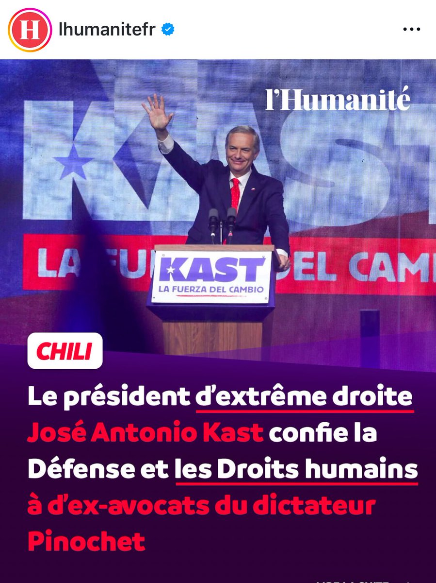hernan_sr's tweet image. 🚨VERGÜENZA MUNDIAL

Diario francés L’ Humanité titula que en Chile Kast nombró a dos abogados de Pinochet como ministros de estado:

“El presidente de extrema derecha José Antonio Kast confía defensa y derechos humanos a los abogados del DICTADOR Pinochet”