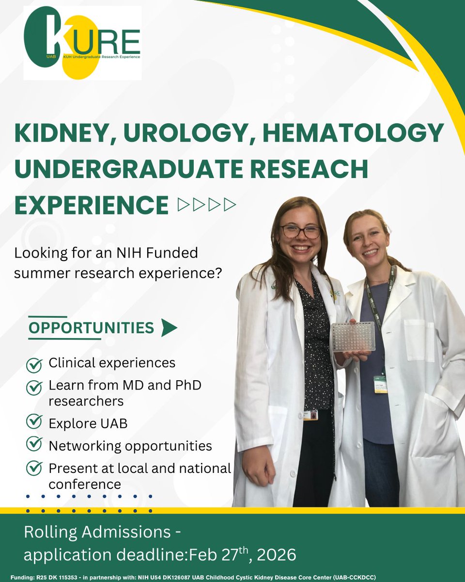KUHPRIME's tweet photo. Are you a rising junior or senior looking for a summer research experience? Apply to KUH KURE! Click the link in our bio (UAB KUH KURE🔬) for more information.
#KUHKURE26 #undergraduateresearch #KUHmmunity #KUHresearch #clinicalresearch #biomedicalscience #biomedicalresearch https://t.co/CbQChdrSGw