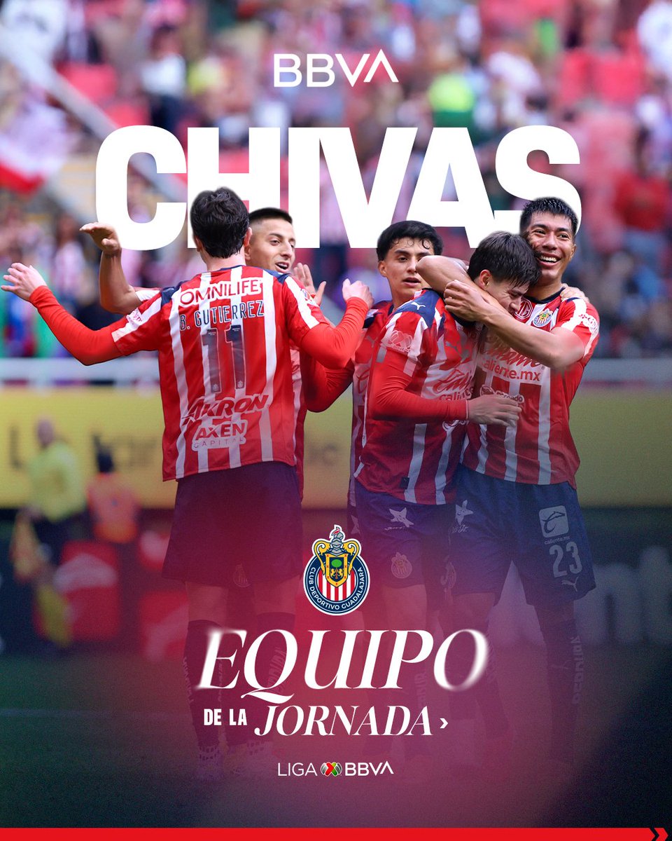 LigaBBVAMX's tweet photo. Y el #EquipoDeLaJornada 3⃣ es:

🐐 @Chivas 🐐

Que se deje venir todo el Rebaño. 😏

@BBVA_Mex 
#J3 #ConMéxicoC26 | #LaLigaDeLaAfición https://t.co/EJT6spEa5a