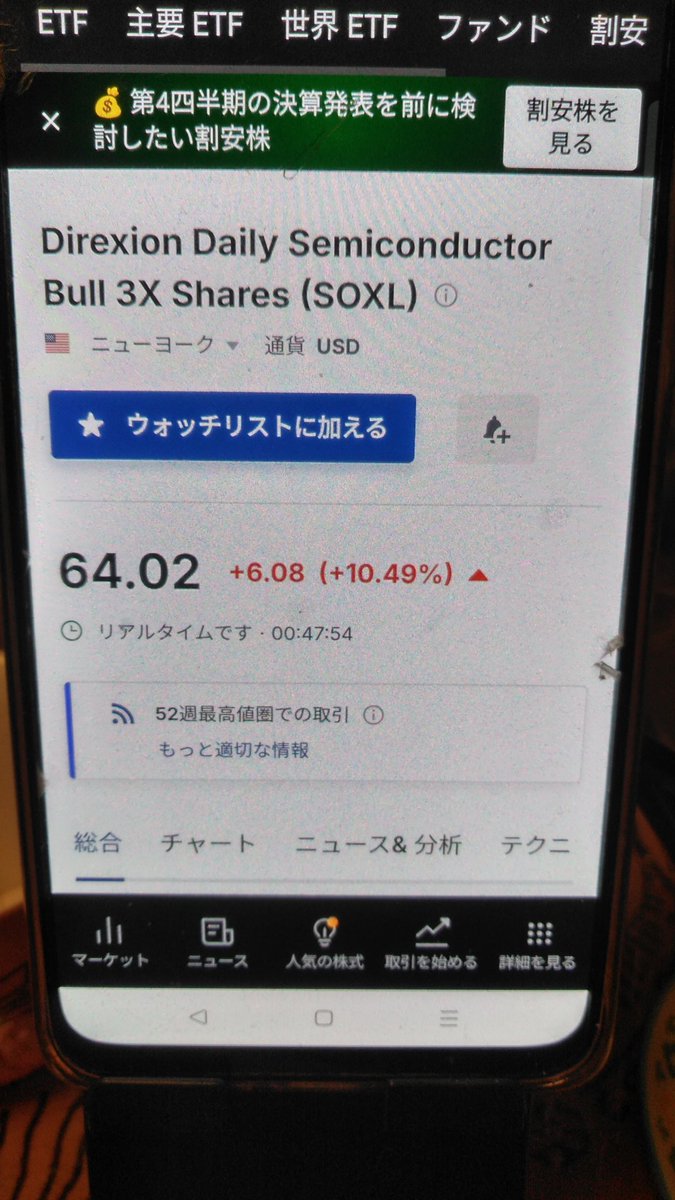 23:30〜1時間20分経過 3,3000円増えた！今日はSOXL64ドル以上で終了してくれないかな？  値動きが激しくて数字を見ながら寝ましょう(*´ω｀*)朝にはいくらに増えてるかな？ #個人投資家 #SOXL