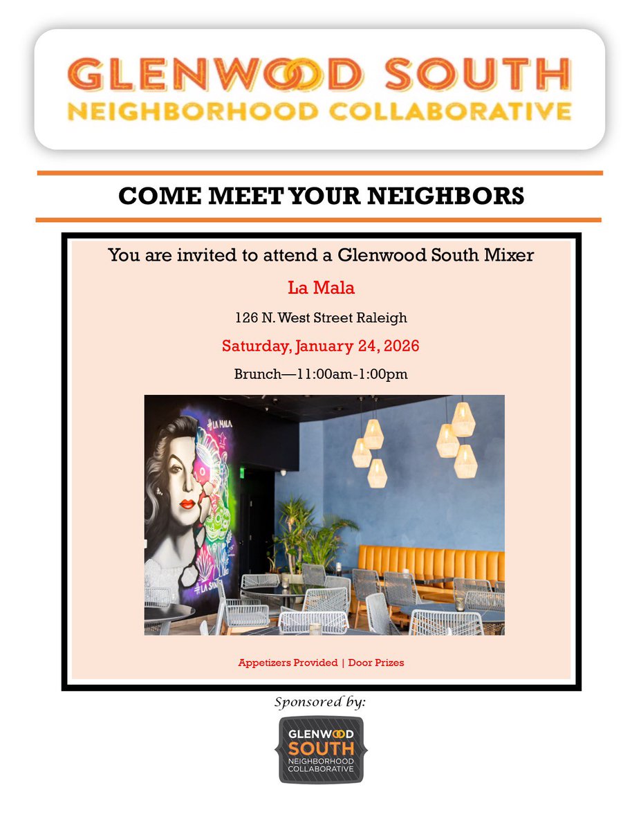 Glenwood_South's tweet photo. GSNC will hold its first Brunch Mixer on Saturday at LaMala 11am to 1pm. Join us for food and door prizes with neighborhood friends and neighbors. @DowntownRaleigh @visitRaleigh @ShopLocRaleigh @RaleighDowntown https://t.co/py6VjyEgyR