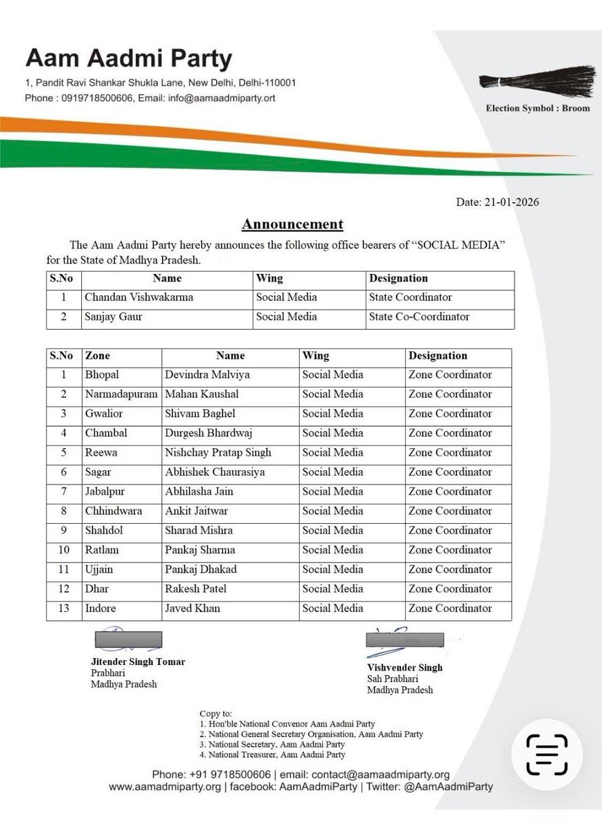 The Aam Aadmi Party announced the appointment of various office bearers of the Madhya Pradesh Social Media Wing. Many congratulations to all the newly appointed office bearers.