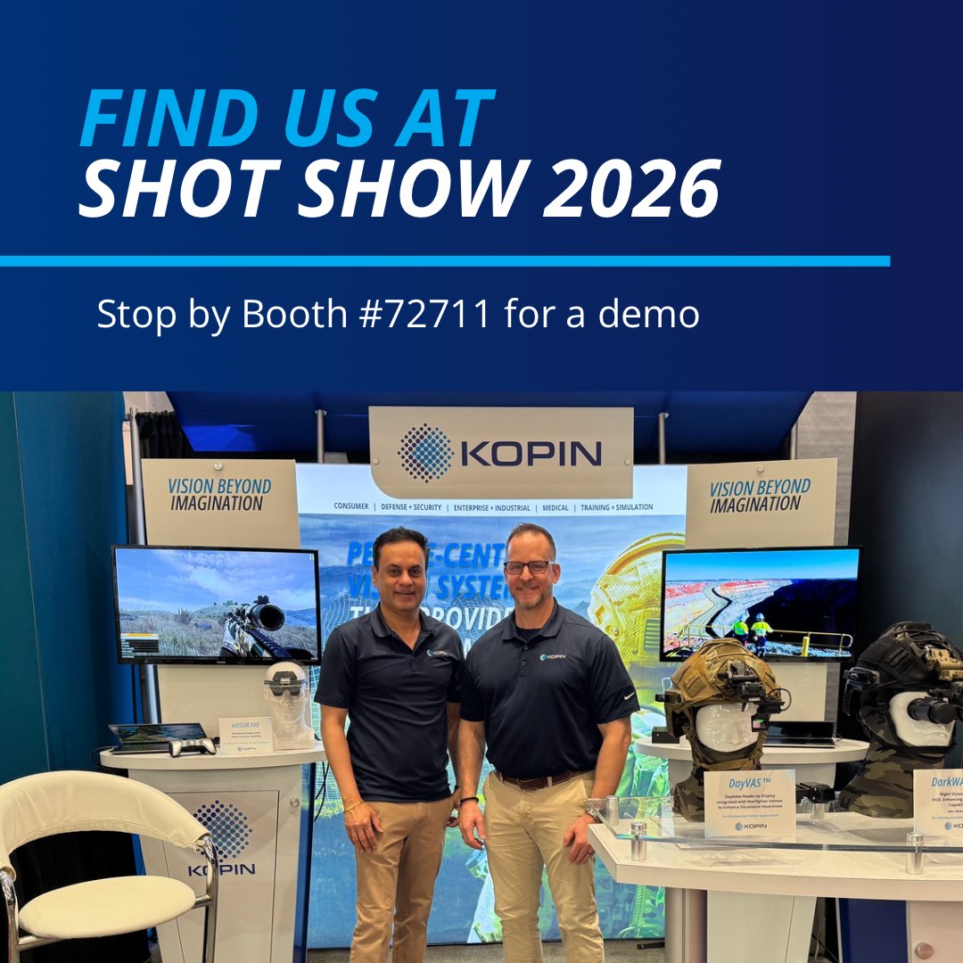 Kopin is at SHOT Show 2026 and we are live at Booth #72711.

Connect with our team on the show floor and see how Kopin is shaping the future of warfighter vision.

#SHOTShow #SHOTShow2026 #NSSF #DefenseTech #MissionReady #AugmentedReality #ArtificialIntelligence