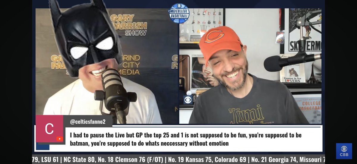 Leaving his emotions at the door for the Top 25&amp;1! <a href="/GaryParrishCBS/">Gary Parrish</a> , is the "Batman of CBB!" 🤣
<a href="/MattNorlander/">Matt Norlander</a> <a href="/EyeOnCBBPodcast/">Eye On College Basketball Podcast</a>