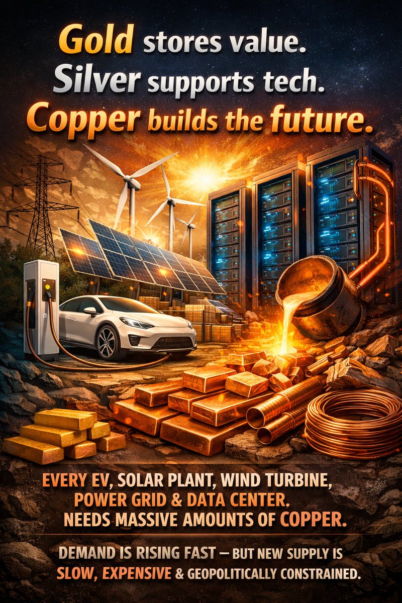 2/ 📈
Gold stores value. Silver supports tech. Copper builds the future.
Every EV, solar plant, power grid, and data center needs massive amounts of copper. Demand is rising fast — but new supply is slow, expensive, and geopolitically constrained.
#Gold #copper #BTC