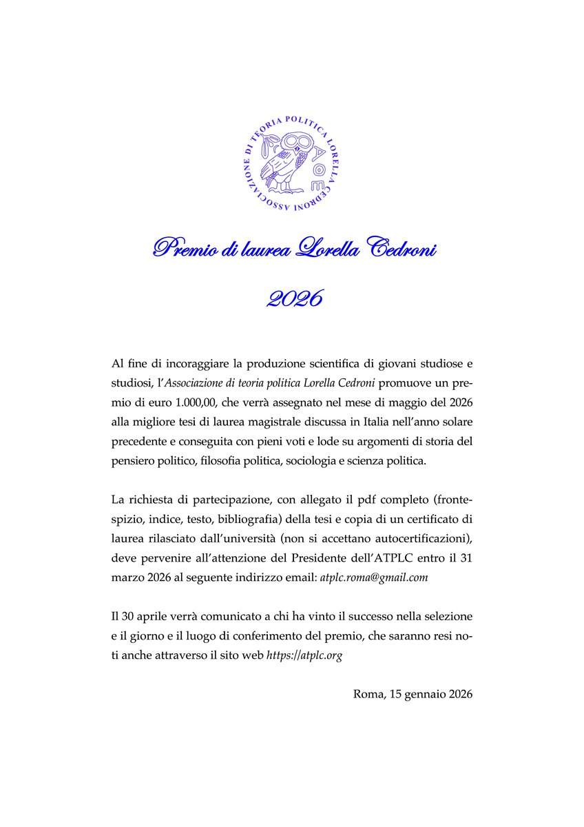 The Lorella Cedroni Laureate Award returns in 2026. All the information here 👇🏽#political #philosophy <a href="/ATPLCroma/">ATPLCroma</a>