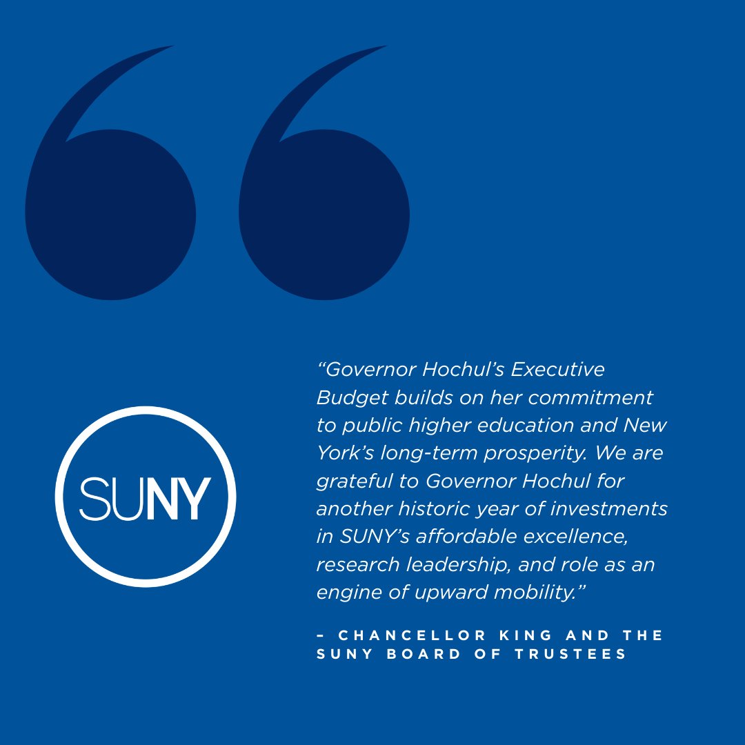 SUNY's tweet photo. SUNY welcomes @GovKathyHochul’s Executive Budget, which builds on historic investments in public higher education. The proposal strengthens affordability, expands student support programs, grows paid internships opportunities, and invests in campus infrastructure across the state.

🔗 https://t.co/bvQz2T8pap
