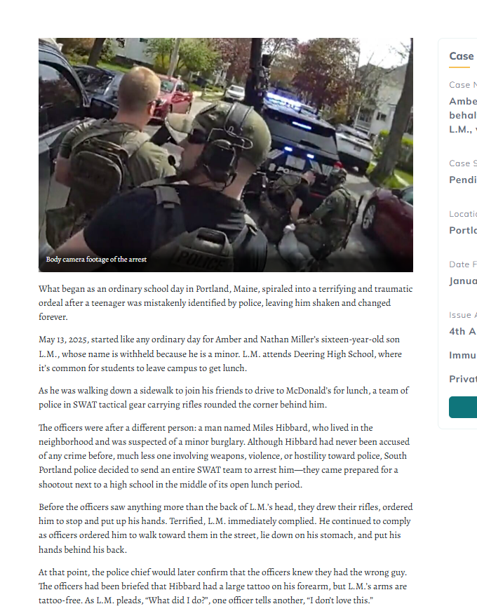 Learn more about <a href="/IJ/">Institute for Justice</a>'s latest case, Miller v. Portland. 

After receiving a report of petty theft (shoes &amp; cologne), Portland PD mobilized a military SWAT response. Instead of catching their suspect, officers traumatized an innocent kid by arresting him at gunpoint.

We're suing.