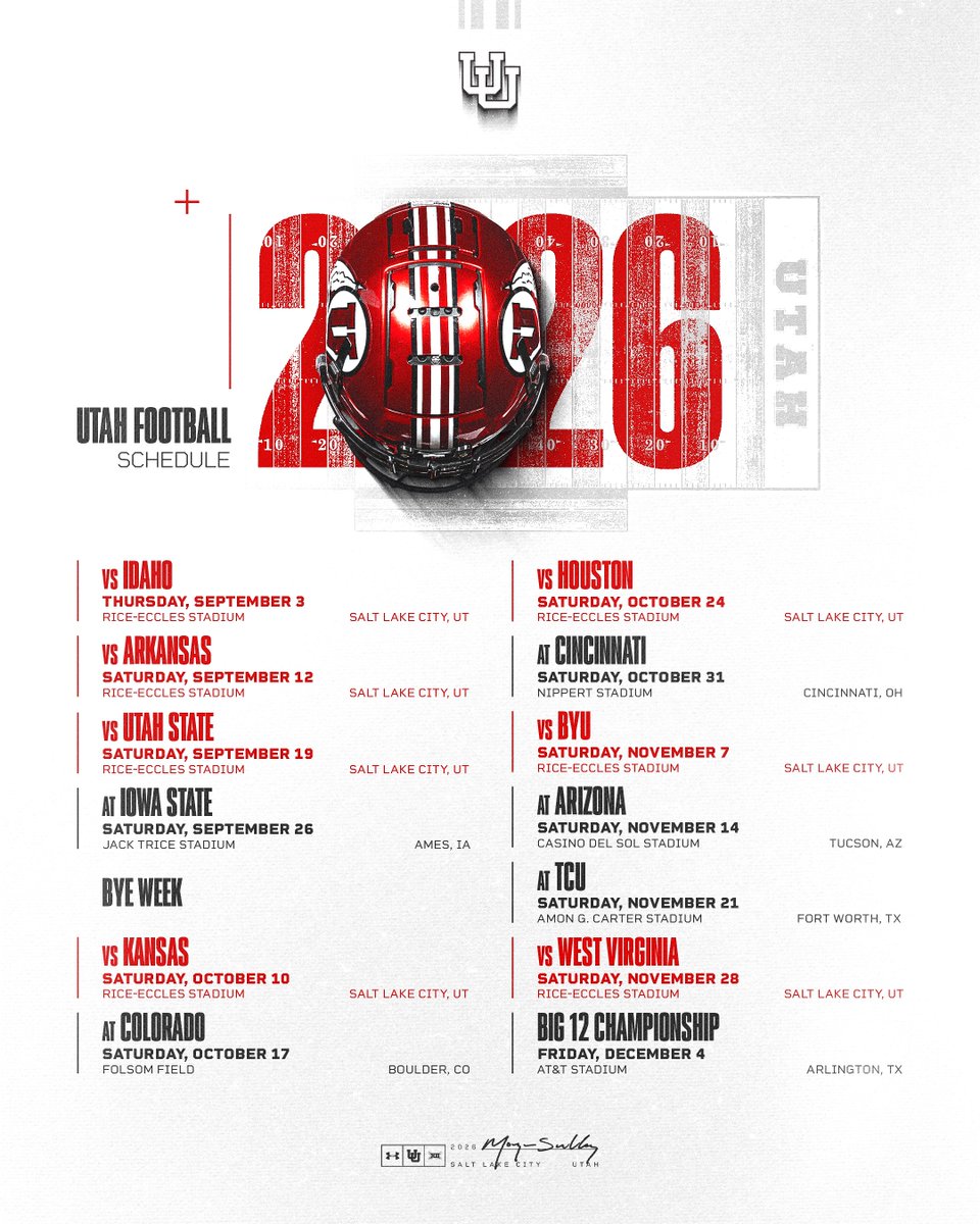 Utah_Football's tweet image. The path is set. 𝑻𝒉𝒆 𝒉𝒖𝒏𝒕 𝒊𝒔 𝒐𝒏‼️

The 2️⃣0️⃣2️⃣6️⃣ schedule is officially here‼️

Interested in tickets? Follow the link below ⤵️
app.utahutes.com/2026FootballTi…

* Games may be adjusted to Fridays, other special dates, or Black Friday. These determinations will be announced in…
