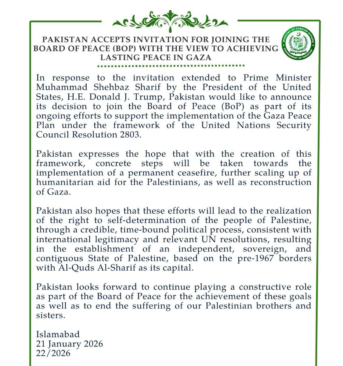 Pakistan_TPN's tweet photo. ⚡🇵🇰🇵🇸 — Pakistan has accepted the invitation for joining Board of Peace for implementation of #Gaza Peace Plan.

In the press release, #Pakistan has reiterated its support for independence of #Palestine with Al-Quds Al-Sharif (Jerusalem) as its capital. https://t.co/Xk9XnL7OoH