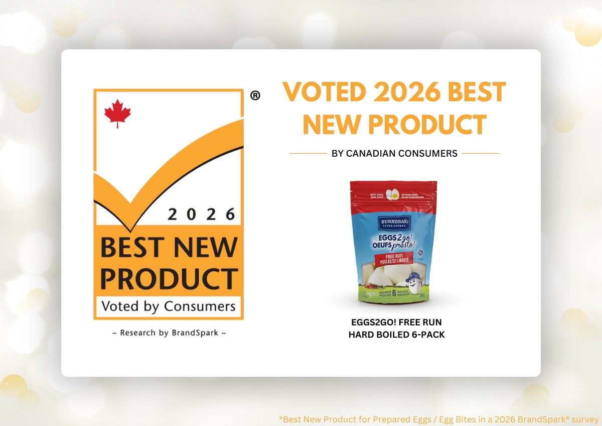 BurnbraeFarms's tweet image. We’re egg-static to share that our EGGS2go! Free Run Hard Boiled Eggs 6-pack pouch has been voted Best New Product by Best New Product Awards.🏆 🫶 

A huge thank you to our dedicated team for their hard work in bringing this egg-cellent product to life!
.
.
.
#newproduct