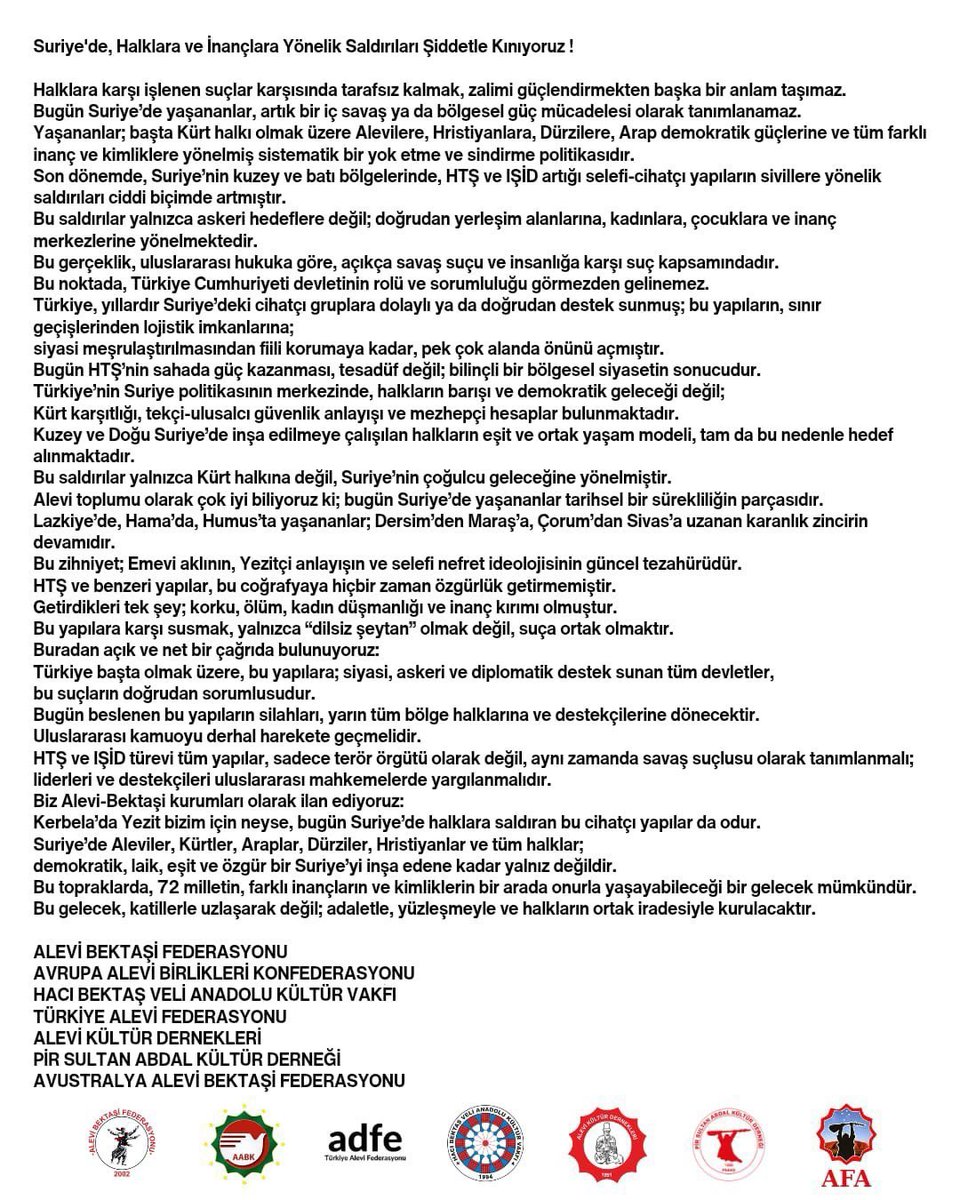 tuncerbakirhan's tweet image. Halkları ve inançları hedef alan bu saldırılar karşısında susmak mümkün değildir. Alevilerden Kürtlere, Hristiyanlardan Dürzilere kadar birlikte yaşam iradesini savunan herkesin yan yana durması, sesi çoğaltması bugün tarihsel bir sorumluluktur.

Dayanışmayı büyütmekten, barışı…