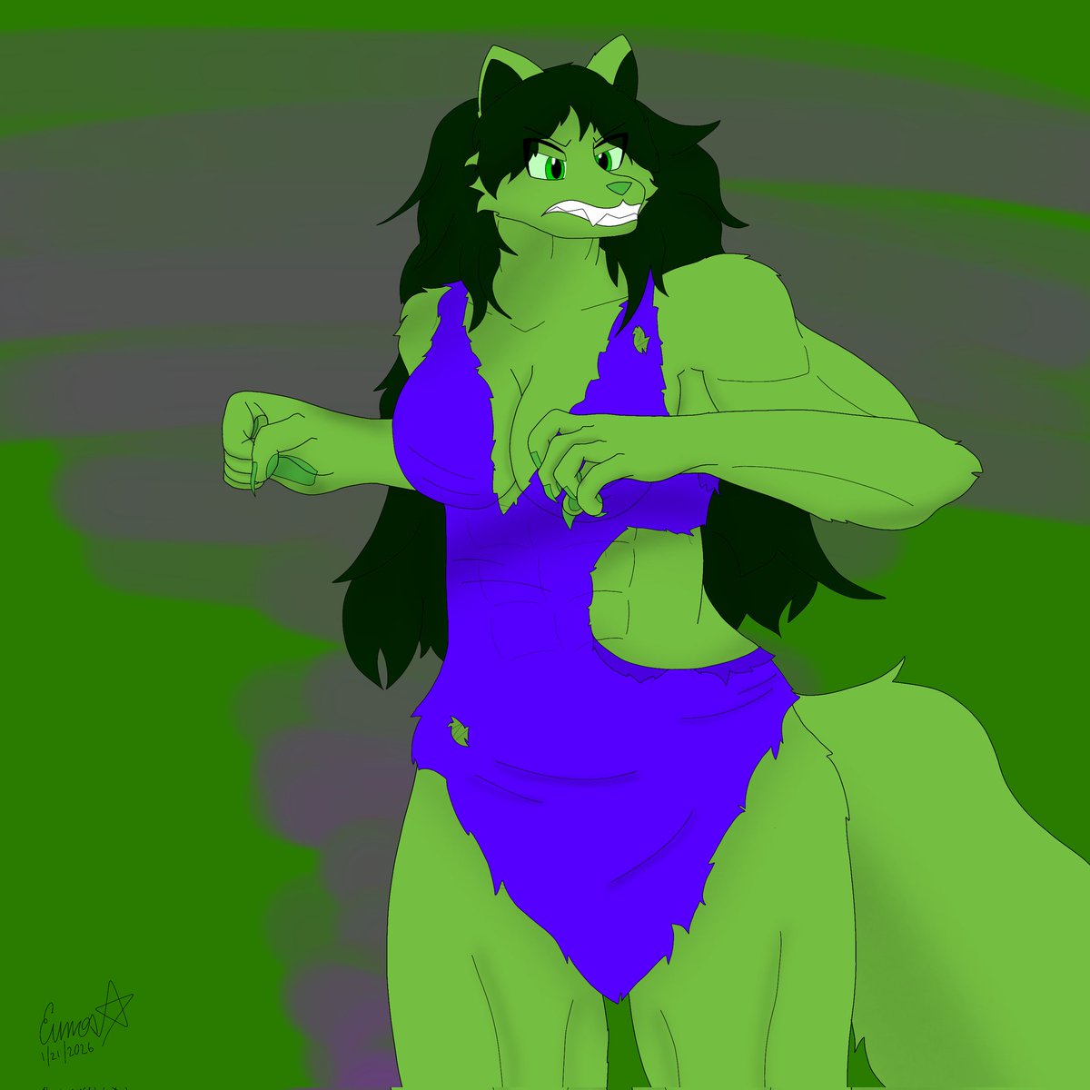 The savage green wolf lady is back!
Better get out of her way as she rampages.
