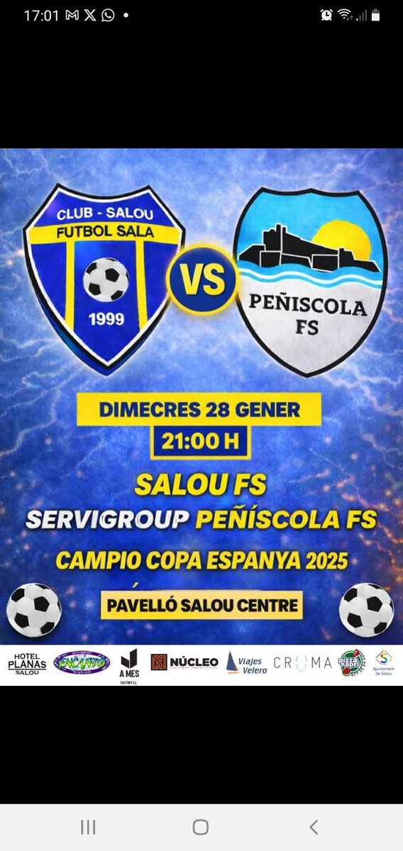 🗞️ PARTIT DE FESTA MAJOR

📅 El proper dimecres 28 de gener, a les 21:00 h, el Primer Equip disputarà un partit amistós davant el @penyiscolafs , actual campió de la Copa d’Espanya 2025 🏆

🏟️ Pavelló Salou Centre. Accés a partir de les 20:30 h.