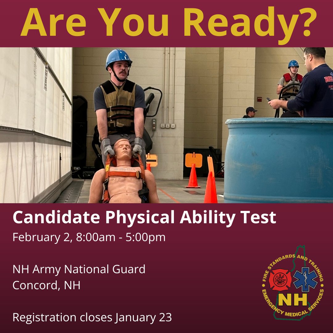 nhfstems's tweet image. The first Candidate Physical Ability Test (CPAT) of the year is 2/2! If you or your department members need to take the state requirement for all full-time firefighters, register for the exam: 
nhfa-ems.com/scheduled-cour…
#FutureFirefighter #NewHampshireFirefighters #CPAT