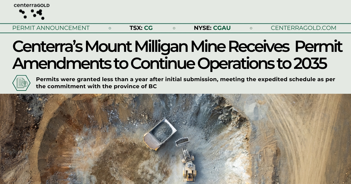 Centerra is pleased to announce that less than a year after submitting our amendment application at Mount Milligan, we have received an amended environmental assessment and all related permits to allow for the continuation of operations through 2035.

This approval provides