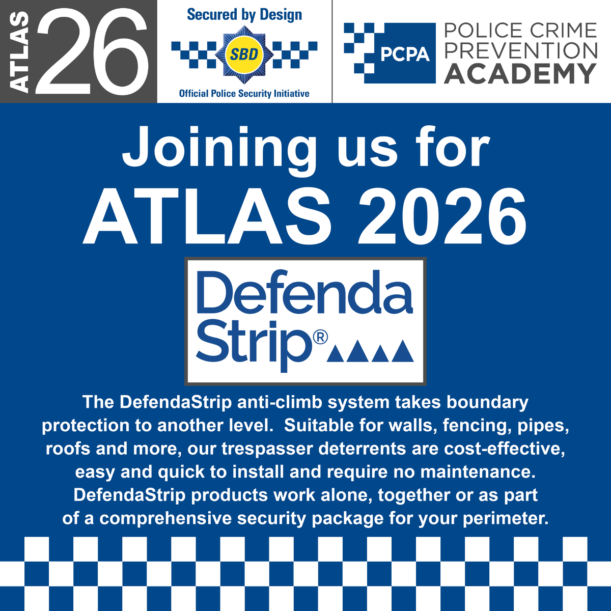 securedbydesign's tweet photo. 🧱 Pleased to announce @DefendaStripUK is attending ATLAS 26!

The DefendaStrip anti-climb system takes boundary protection to another level, suitable for walls, fencing, pipes, roofs and more

🔗Find out more: https://t.co/CLAJH0V3dt

#ATLAS26 https://t.co/yKcjbUILAi