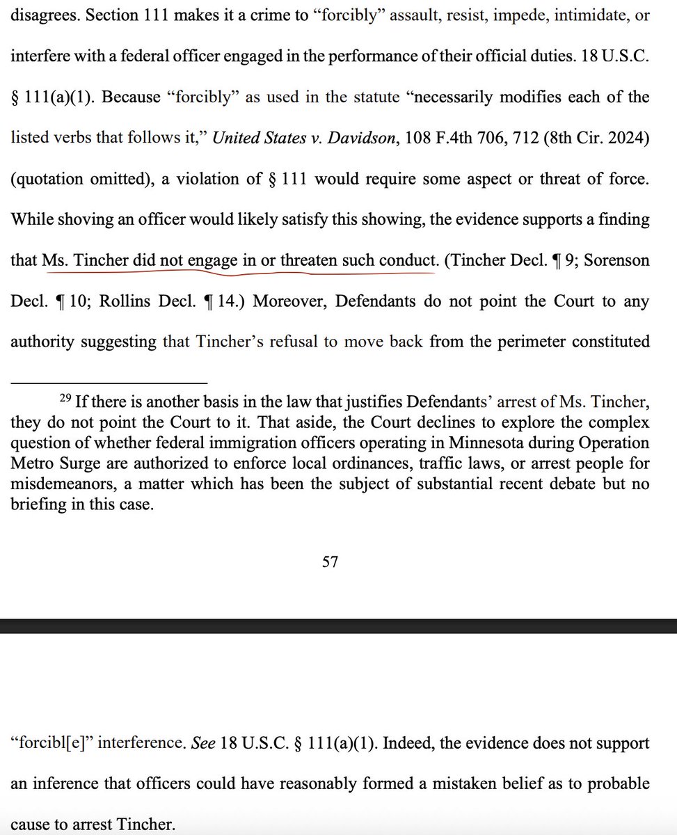 Update: A federal judge has found that "Ms. Tincher did not engage in or threaten" the conduct that DHS accused her of. "The evidence does not support an inference that officers could have reasonably formed a mistaken belief as to probable cause to arrest Tincher"