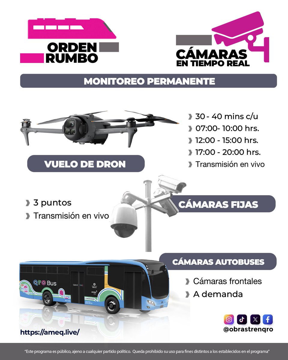 Implementamos monitoreo permanente con drones, cámaras fijas y cámaras en autobuses para mejorar la movilidad.

Las y los usuarios pueden consultar las transmisiones en vivo, dar seguimiento a su unidad o elegir esperar otra opción.
Disponible en 🔗 ameq.live