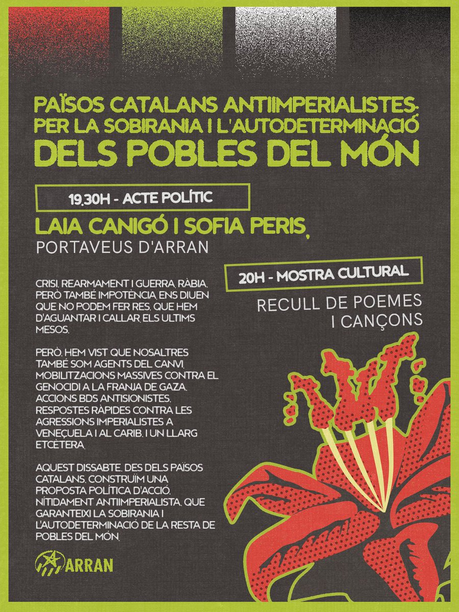 🌐🌹El 24 de gener, omplim Ca La Panarra de solidaritat internacionalista 

🖌️Cada demà ho recordo - Exposició presentada en el marc dels <a href="/actxpalestine/">ACT X PALESTINE</a> 

🗣️Conversa amb companyes internacionalistes d'arreu del món

📢Acte polític

📚Mostra cultural - recull de poemes i cançons