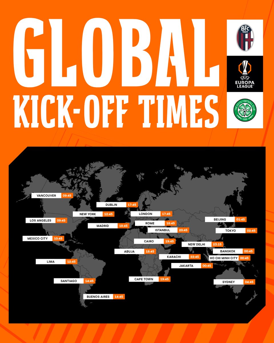 CelticFC's tweet image. 🌎🌍🌏 #BolognaCeltic kick-off times around the world! 

Where will you be watching from, Celts?

#UEL | #CelticFC🍀