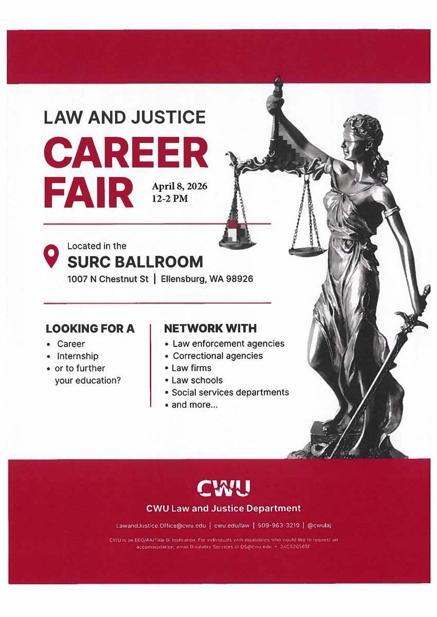 cwulaj's tweet photo. Mark your calendars! The Department of Law &amp; Justice will be hosting our annual career fair April 8, 2026, all are welcome! Bring your resumes, questions, and curiosity. https://t.co/PCDfePbKWi
