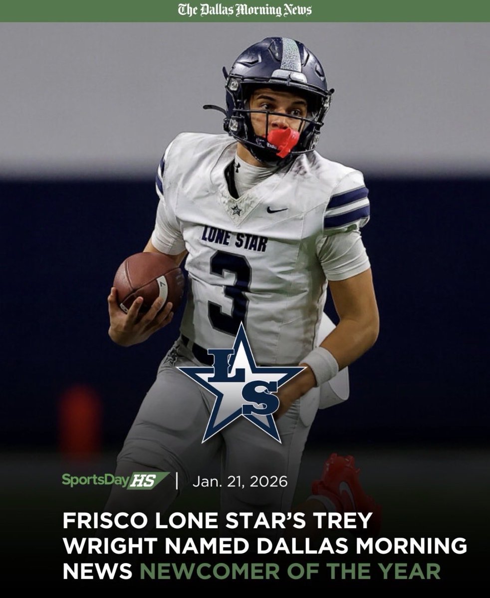 itsTreyW3's tweet photo. Honored to be named Dallas All-Area Newcomer of the Year‼️

@LSHS_FBRecruits @CoachJRayburn @dctf @247Sports @drkharp @On3 @Rivals @DentonCountyFB @MaxPreps @Matt_Stepp817 https://t.co/S1r3ojkWeL