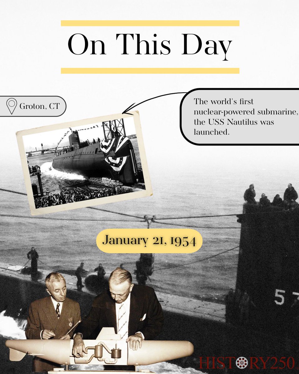HISTORY_250's tweet photo. #OTD the United States launched the world's first nuclear powered submarine, the USS Nautilus, at Groton, Connecticut.

Join us in celebrating this great, American innovation!

#history250 #navalhistory #ussnautilus #submarine https://t.co/dxfVJplXLO