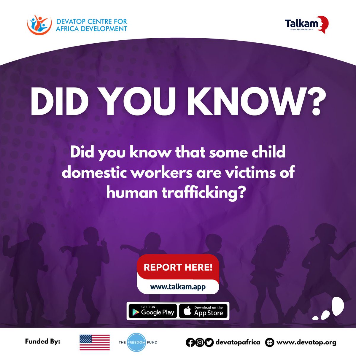 devatopafrica's tweet image. DID YOU KNOW?

Did you know that some domestic workers are victims of human trafficking?

Swipe to Read More

#protectchilddomesticworkers #talkam #protectcdwsfromharm