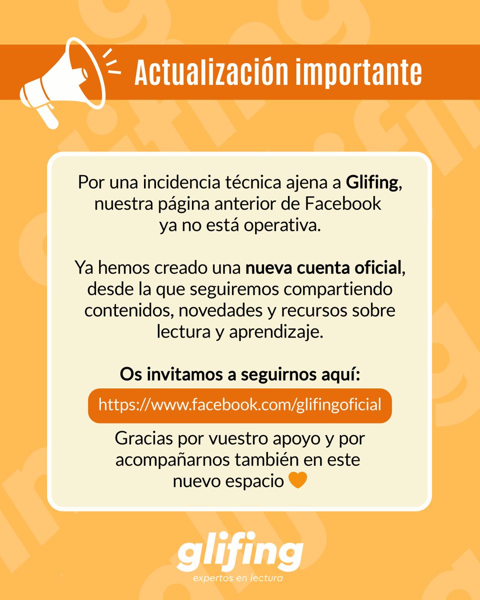 Glifing's tweet photo. ¡Actualización importante!

Os invitamos a seguirnos aquí:
https://t.co/zp4t0vFjUx

Gracias por vuestro apoyo y por acompañarnos también en este nuevo espacio 🧡

#glifing #metodoglifing #lectura #entrenamientolector #educacion https://t.co/Lpek0nc6lm