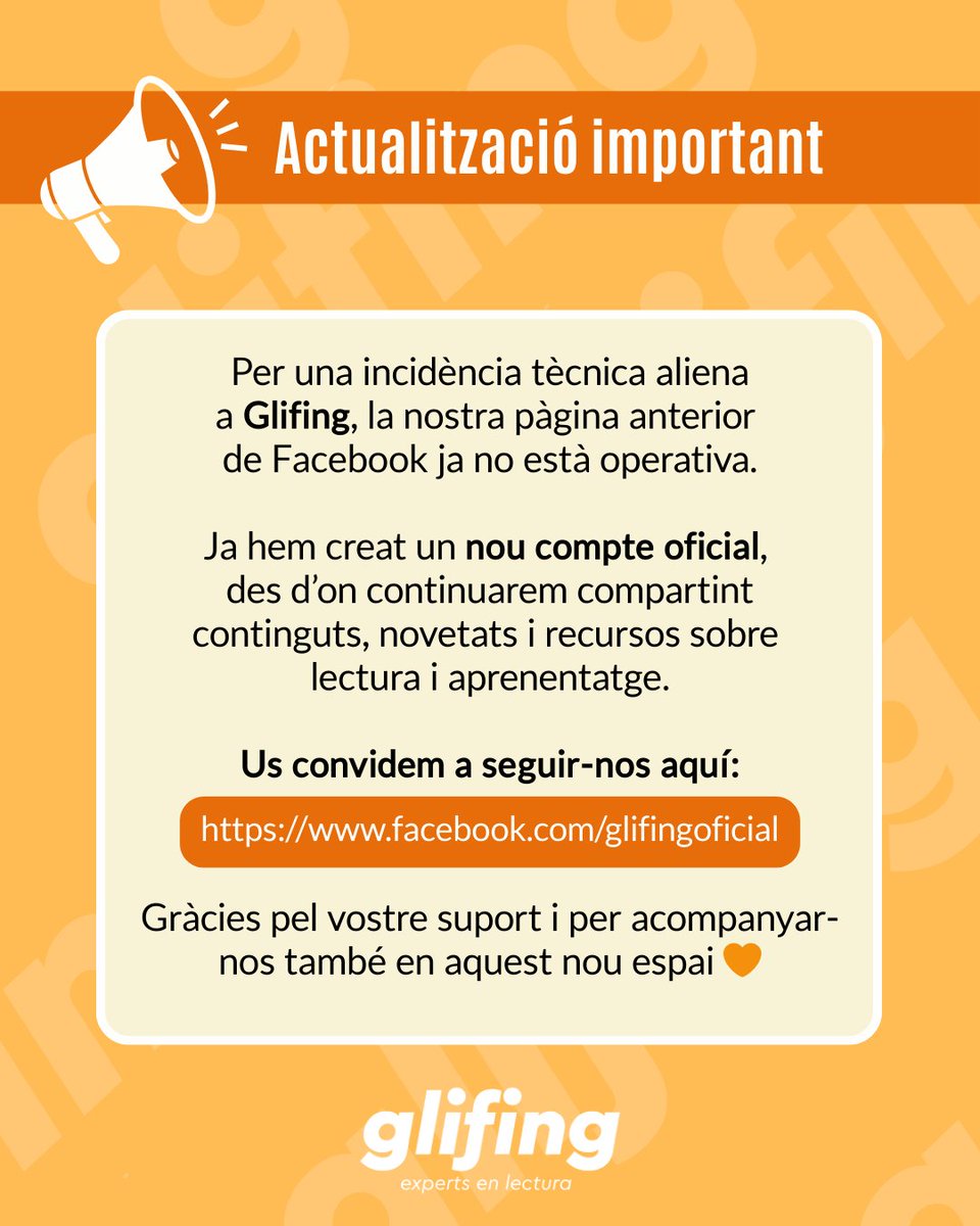¡Actualización importante!

Os invitamos a seguirnos aquí:
facebook.com/glifingoficial

Gracias por vuestro apoyo y por acompañarnos también en este nuevo espacio 🧡

#glifing #metodoglifing #lectura #entrenamientolector #educacion