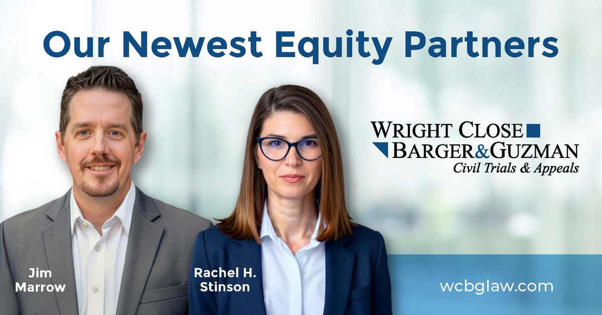 WCBG is thrilled to announce that our firm has two new equity partners – Jim Marrow and Rachel H. Stinson. We salute them for their continued hard work and dedication to our clients and our firm. Congratulations, Jim and Rachel! Learn more: wrightclosebarger.com/our-news/wrigh…