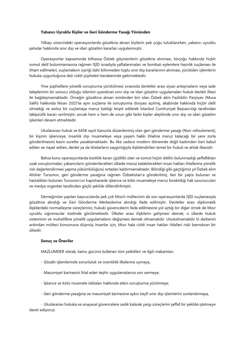 🔴 YAKALAMA VE GÖZALTI İŞLEMLERİNDE YAŞANAN HAK İHLALLERİNE DAİR DEĞERLENDİRMELERİMİZ

Yılbaşında saldırı hazırlığı yapıldığı istihbaratıyla 2025 yılının son günlerinde ve yeni yılda güvenlik güçlerince pek çok şehirde eş zamanlı operasyon yapılmış, bir kısmı yabancı uyruklu