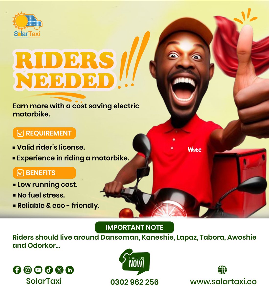 🚨 RIDERS NEEDED! 🚨
Earn more with a cost-saving electric motorbike ⚡🏍️

📍 Riders around Dansoman, Kaneshie, Lapaz, Tabora, Awoshie &amp; Odorkor
📞 Call 0302 962 256 to apply now!

#SolarTaxi #RidersNeeded #ElectricMobility #EcoFriendlyJobs #RideAndEarn