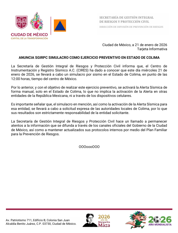 📰Tarjeta Informativa ||

📢 ANUNCIA SGIRPC SIMULACRO COMO EJERCICIO PREVENTIVO EN ESTADO DE COLIMA.

Permanece atento a la información que se difunda a través de los canales de la <a href="/SGIRPC_CDMX/">Secretaría de Gestión Integral de Riesgos y PC</a> y del <a href="/GobCDMX/">Gobierno de la Ciudad de México</a>.

#LaPrevenciónEsNuestraFuerza