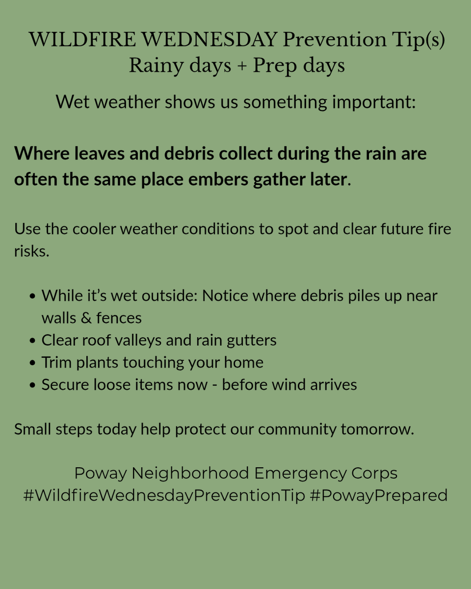 powaynec92064's tweet photo. 🌧️ Wildfire Wednesday | Cool weather = prep time. Rain shows where leaves &amp; debris collect—those spots often become ember traps later. Clear gutters, trim plants, secure loose items now. #PowayPrepared #PNEC https://t.co/qw5usaWZjx