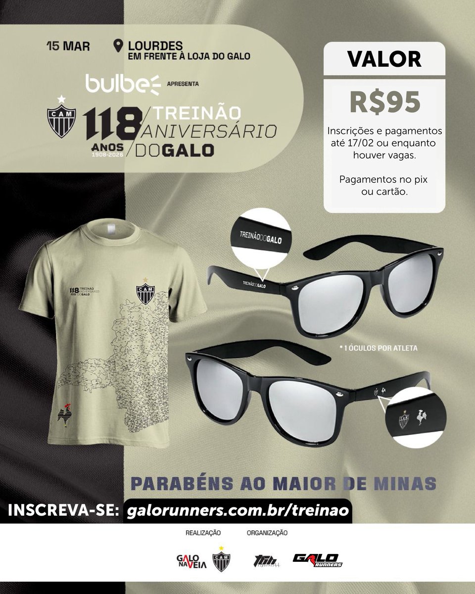 O primeiro evento de corrida atleticano do ano já tem data: 15/03.
Dia de comemorarmos os 118 anos do @atletico. 
Acesse galorunners.com.br/treinao e garanta sua inscrição!
E dessa vez o kit tem um óculos exclusivo do Galo.