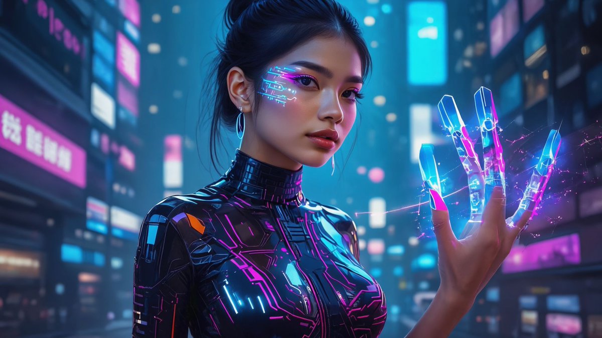 EKent21000's tweet photo. #AIHacker
#CyberpunkBeauty
#NeonCircuitTattoos
#HolographicClaws
#DigitalHeartbeat https://t.co/ZLsH42BYEb